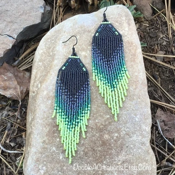 𝅺Black and Lime Green Beaded Earrings with Fringe, New, Handmade by Me - Picture 7 of 11